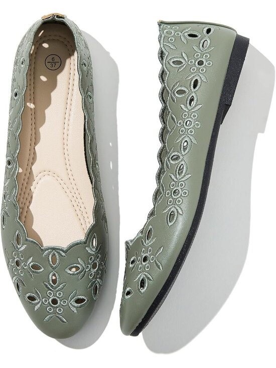 Shoes - Women's Green Floral Ballet Flats Comfortable Slip On Dressy Casual Shoes